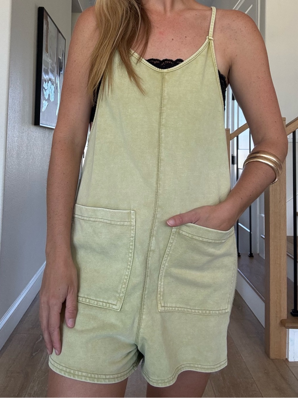 Le Lis Light Green Cotton Romper with Front Pockets